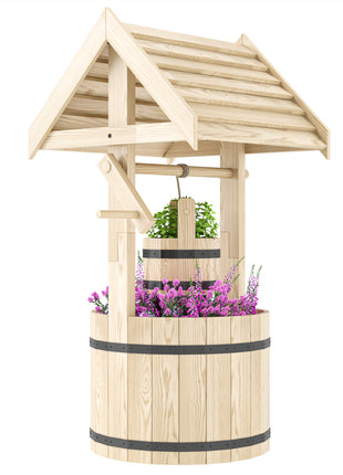 Wood Wishing Well for Outside with Hanging Bucket, Wishing Well Planter with Drain Hole for Garden Patio, Natural
