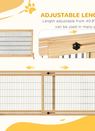 71" W x 27" H Extra Wide Freestanding Pet Gate with Adjustable Length Dog, Cat, Barrier for House, Doorway, Hallway, Natural