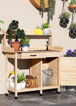 Potting Bench Table with Removable Sink, Outdoor Work Bench Table with Storage Cabinet, Hooks, Faucet and Drawer for Greenhouse, Garden, Patio, Natural Wood