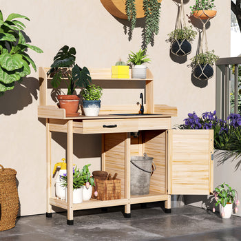Potting Bench Table with Removable Sink, Outdoor Work Bench Table with Storage Cabinet, Hooks, Faucet and Drawer for Greenhouse, Garden, Patio, Natural Wood