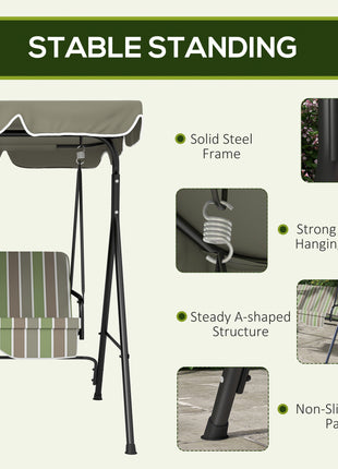 3-Seat Outdoor Patio Swing Chair w/ Cushion, Steel Frame Stand, Adjustable Tilt Canopy for Patio, Garden, Beige & Green
