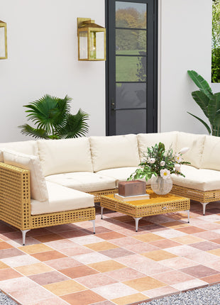 7 Piece Wicker Patio Furniture Set, Modular Outdoor Sectional with Thickened Cushions, Acacia Wood Table, Khaki/Beige