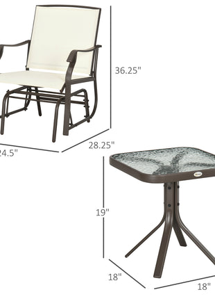 3 Piece Outdoor Glider Chair with Coffee Table Bistro Set, 2 Patio Rocking Swing Chairs with Breathable Sling Fabric, Glass Tabletop, for Backyard, Garden and Porch, Cream White