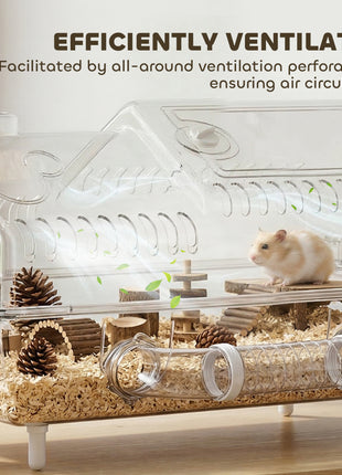 Hamster Cage with Large Wheel & Hideout, Small Animal Habitat with Accessories, Clear Pet House, 21.5" x 11.8" x 12.6",