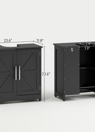 Farmhouse Pedestal Sink Storage Cabinet, Bathroom Sink Cabinet with 2 Barn Doors and Adjustable Shelf, Distressed Black