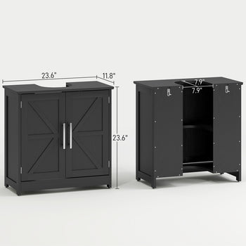 Farmhouse Pedestal Sink Storage Cabinet, Bathroom Sink Cabinet with 2 Barn Doors and Adjustable Shelf, Distressed Black