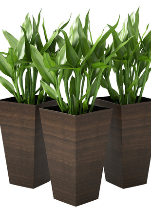 Set of 3 Tall Planters, 28" Outdoor Planter w/ Drainage Holes, Faux Wood Plastic Flower Pots, Brown