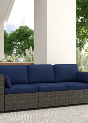 Patio Couch PE Wicker Deep Seating Outdoor Sofa with Removable Cushions, 3 Seater Rattan Sofa, Outdoor Furniture for Balcony, Deck, Garden and Poolside, Navy Blue
