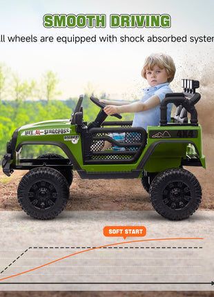 12V Battery Powered Ride on Car, Ride on Truck w/ Remote, 4 Suspension Wheels, Music Horn Lights, Green