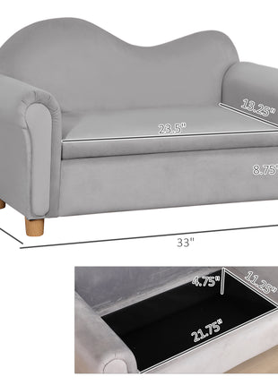 Ergonomic Foam Kids Sofa with Inner Toy Storage Chest, Velvet Kids Couch with Soft Arms, Children's Lounge Furniture, 33" x 16.25" x 19", Gray