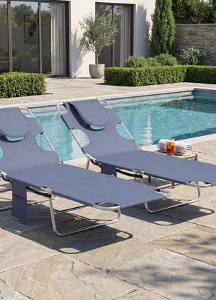 2 Tanning Chairs with Face Hole, 5-Level Adjustable Outdoor Chaise Lounge Chair with Pillow for Beach, Pool, Gray