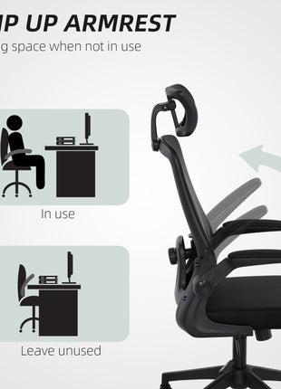 Mesh Office Chair, Ergonomic Desk Chair with Flip-up Armrest, Rotatable Headrest, Adjustable Lumbar Support, Black