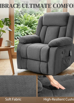 Recliner Massage Armchair with Heat, Oversized Swivel Rocker with Footrest, Remote and Side Pockets, Gray