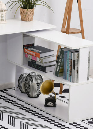 360° Rotating Home Office Desk L Shaped Corner Computer Desk with Storage Shelves, Writing Table Workstation, White