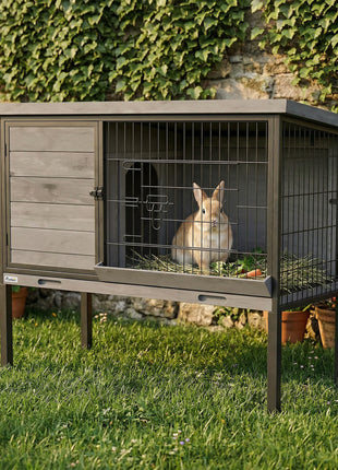 Elevated Rabbit Hutch Outdoor, Wooden Rabbit Cage Bunny House with Pull-out Tray and Openable Plastic Roof