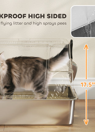 XL Stainless Steel Litter Box w/ 100° Flip Top, Scoop, Step, Top & Side Entry Enclosed Litter Box for Big Cats
