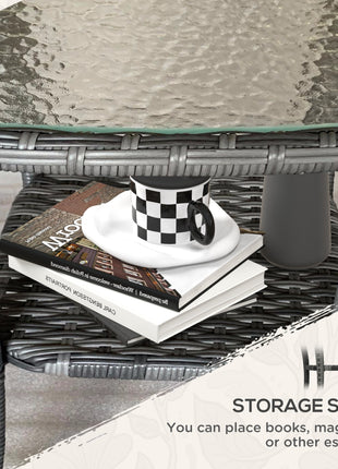 Outdoor Coffee Table with Storage Shelf, Hand-Woven Wicker Side Table with Water-Ripple Glass Top, Mix Gray
