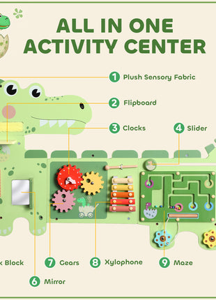 Busy Board Panels Wall-Mounted Montessori Sensory Toys Sensory Wall MDF 87 x 52 x 5.5 cm Dinosaur, Green