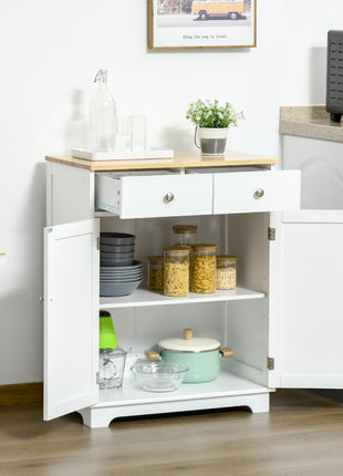 Kitchen Storage Cabinet, Sideboard Floor Cupboard with Solid Wood Top, Adjustable Shelf, and 2 Drawers for Living Room, and Hallway, White