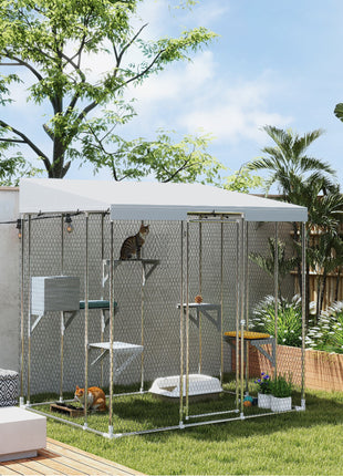 79" Galvanized Steel Large Catio with Waterproof Canopy, Sleeping Box, Jumping Platforms, for 1-3 Kittens, Silver