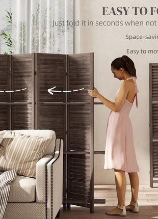 4 Panel 67" Tall Wood Privacy Screen Room Divider with 3 Shelves and Folding Storage for Bedroom, Walnut