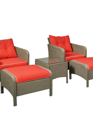 5 Pieces Rattan Wicker Lounge Chair Outdoor Patio Conversation Set with 2 Cushioned Chairs, 2 Ottomans and Tempered Glass Top Coffee Table, Brown/Red