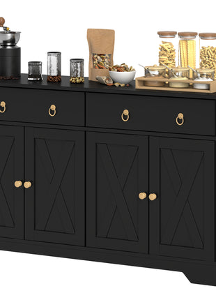 Kitchen Storage Sideboard, Farmhouse Buffet Cabinet with Barn Style Doors, Drawers, Adjustable Shelves, Black