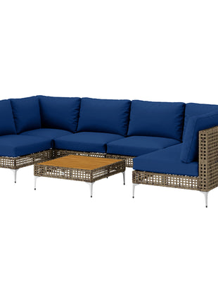 7 Piece Wicker Patio Furniture Set, Modular Outdoor Sectional with Thickened Cushions, Acacia Wood Table, Brown/Blue