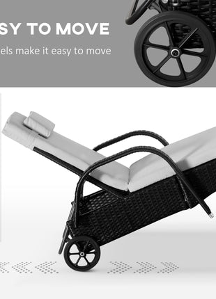Wicker Outdoor Chaise Lounge Chair Set of 3 with Side Table, 5-Level Adjustable Backrest PE Rattan Pool Lounge Chair with Wheels, Cushion & Headrest, Black and Cream White