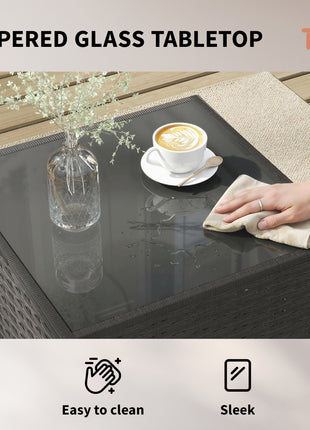 3 Piece Patio Furniture Set, Wicker Outdoor Patio Conversation Furniture Set with Cushions, Glass Top Table, Navy Blue
