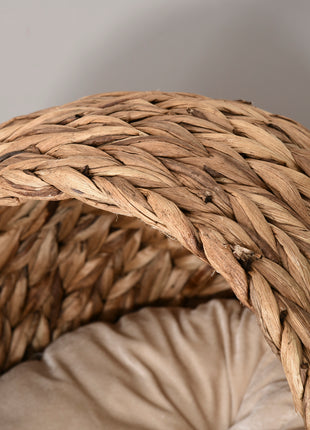 Handwoven Elevated Cat Bed with Soft Cushion & Egg Chair Shape, Basket Bed Kitty House with Stand, Raised Wicker House for Indoor Cats, 23.5" H, Light Brown