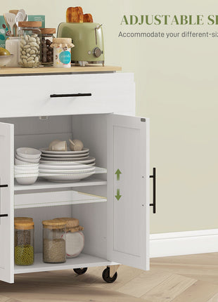 Rolling Island with Wheels for Kitchen, Kitchen Island on Rollers with Power Outlets, Drawer, and Doors, White