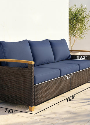 3 Seater Outdoor Couch Sofa, PE Wicker Patio Sofa, Wide Deep Seat, 4" Cushions, Wood-Effect Armrests Legs, Dark Blue