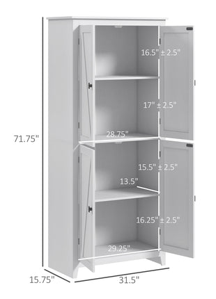 72" Freestanding Kitchen Pantry Cabinet, Farmhouse Tall Storage Cabinet with 4 Door Cabinets and Adjustable Shelves for Dining Room, White