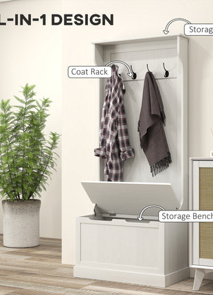 Hall Tree with Coat Rack, Storage, and Sitting Bench, Cream White