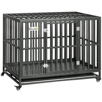 45" Heavy Duty Dog Crate, Escape-Proof Steel Kennel with Wheels, Black