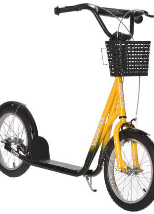Youth Scooter, Kick Scooter with Adjustable Handlebars, Double Brakes, 16" Inflatable Rubber Tires, Basket, Cupholder, Orange