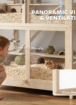 Wooden Hamster Cage, 4 Tier Small Animal Cage with Mesh Flip Roof, Pull-Out Tray, Huts, Seesaws, Ramps and Water Bottles