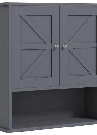 Farmhouse Bathroom Medicine Cabinet, Wall Cabinet with Barn Doors and Adjustable Shelf for Laundry Room, Gray