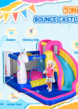 Inflatable Water Slide Bounce House with Trampoline, Climbing Wall, Water Cannon, Basketball Hoop, Splash Pool, 450W Blower, Unicorn Themed Bouncy House for Kids 3-8 Years Old