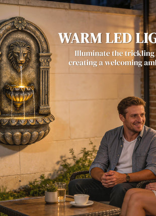 31" Wall-Mounted Outdoor Fountain, 3-Tier Cascading Waterfall Feature with LED Lights and Adjustable Flow, Bronze