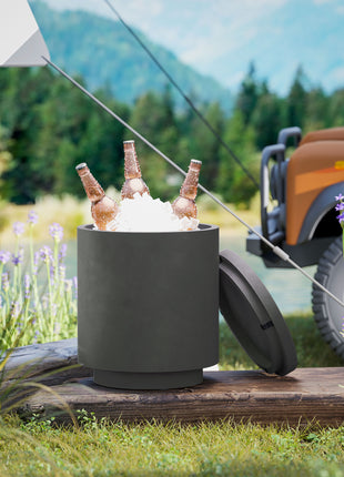 2.6 Gal Outdoor Side Table, 3-In-1 Concrete Cooler Bar Table with Storage, Removable Ice Bucket and Lid, Charcoal Gray