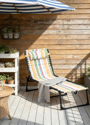 Folding Chaise Lounge Pool Chair with 4-Position Reclining Back, Pillow, Breathable Mesh & Bungee Seat, Rainbow Striped
