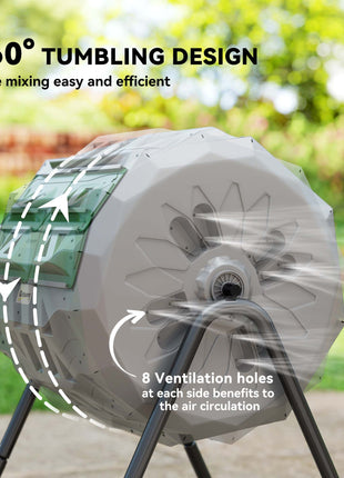 Tumbling Compost Bin Outdoor 360° Dual Chamber Rotating Composter 43 Gallon, Light Gray