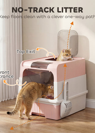 Cat Litter Box Hooded Cat Litter Tray with Drawer Pan Front Entry & Top Exit Easy Cleaning Pink