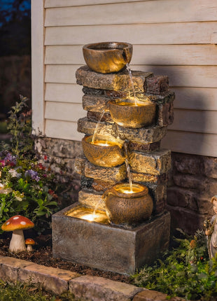 28" Outdoor Fountain with 5-Tier Rustic Jugs, Cascading Waterfall with LED Lights, Adjustable Flow, Rustic Brown