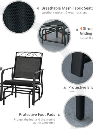 Outdoor Glider Chairs with Coffee Table, Patio 2-Seat Rocking Chair Swing with Breathable Sling for Backyard, Black