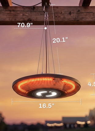 Electric Hanging Patio Heater with LED Light, 750/1500 W IP65 Ceiling Mounted Infrared Outdoor Heater, Black