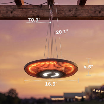 Electric Hanging Patio Heater with LED Light, 750/1500 W IP65 Ceiling Mounted Infrared Outdoor Heater, Black