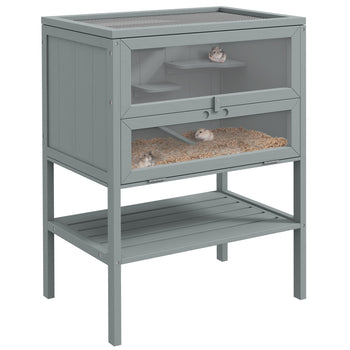 3-Tier Wooden Hamster Cage Mice and Rat Cage Small Animals Hutch with Openable Top, Front Door, Storage Shelf, Gray
